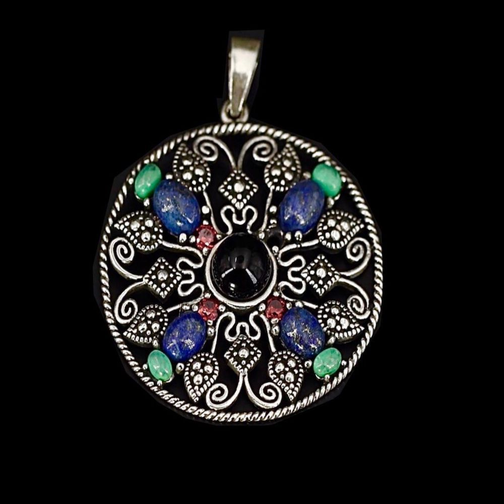 Sterling Silver Turquoise Garnet Onyx Lapis Lazuli Necklace Pendant